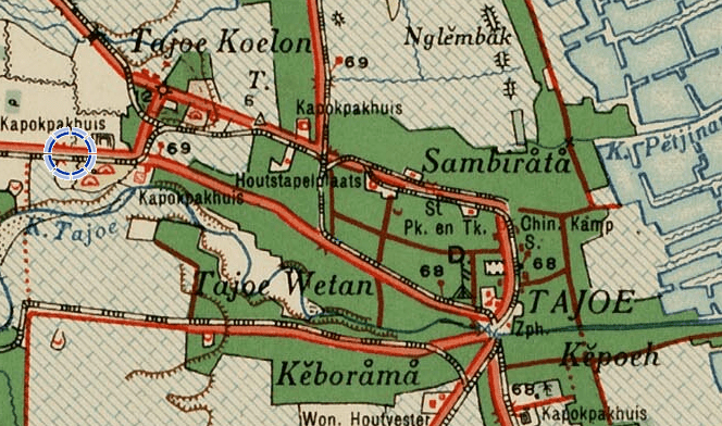 Gambar 3: Peta tahun 1915 yang menunjukan adanya tempat packing kapuk di Tayu, Pati (sumber: dutch colonial map).