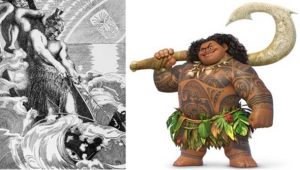 Gambar 2. Plenggambaran Maui versi tradisional versus animasi Disney Moana (2016) (Sumber: www.buzzfeed.com)